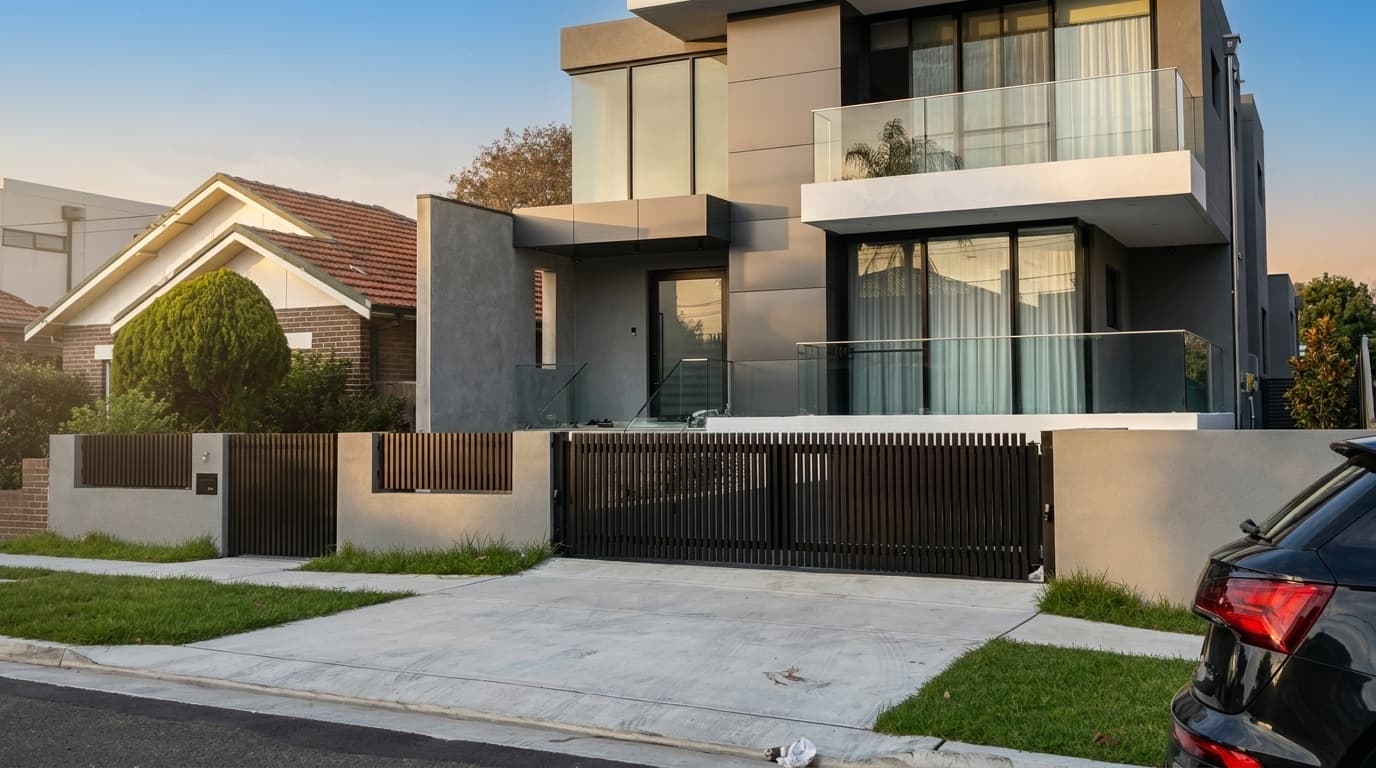 Slat boundary fence and driveway gate