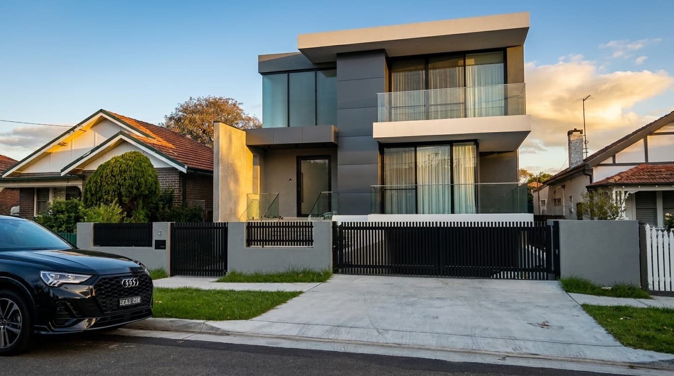 Modern home with black aluminium slat fence